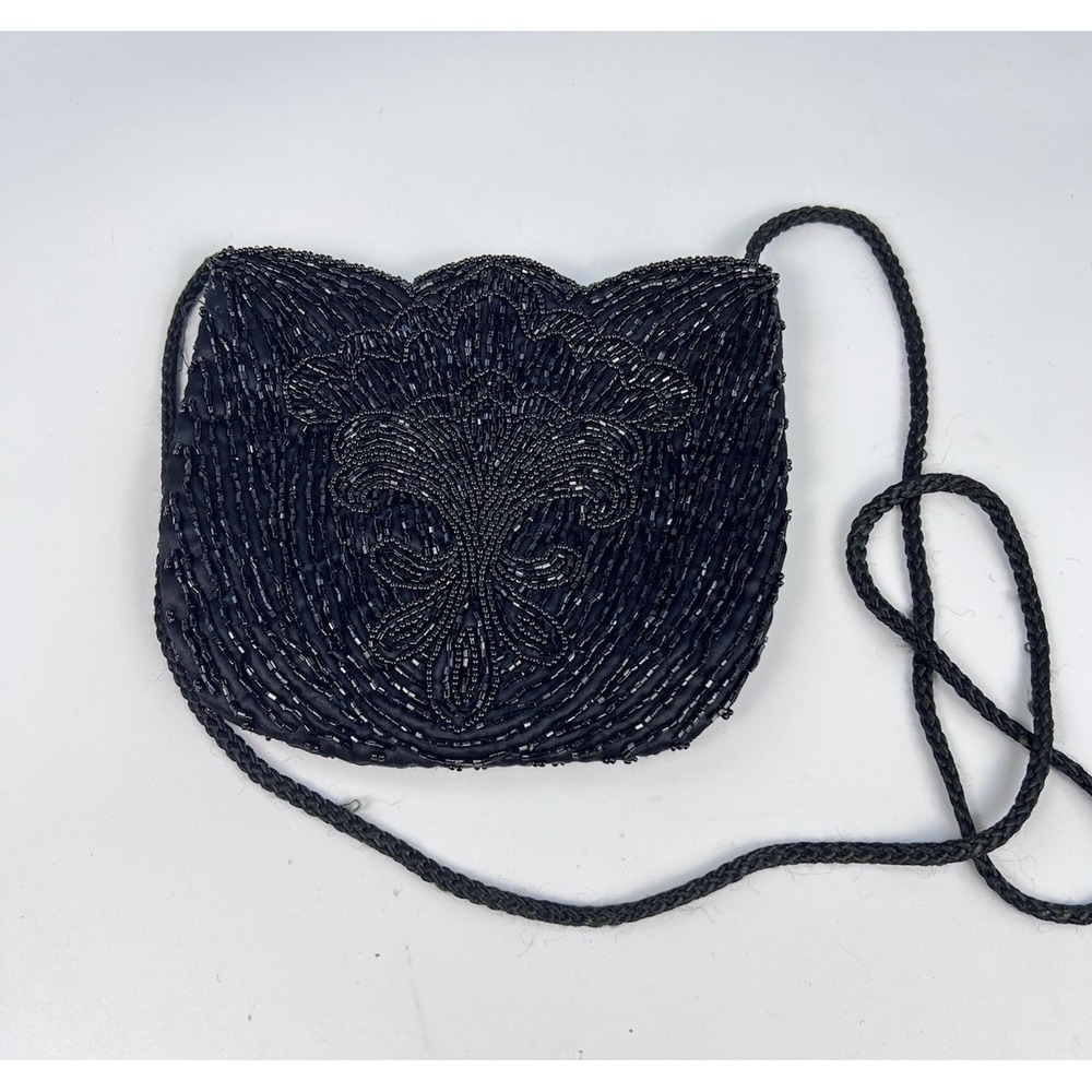 Vintage La Regale Black Bugle Beaded Crossbody Evening Purse Scalloped Shoulder
